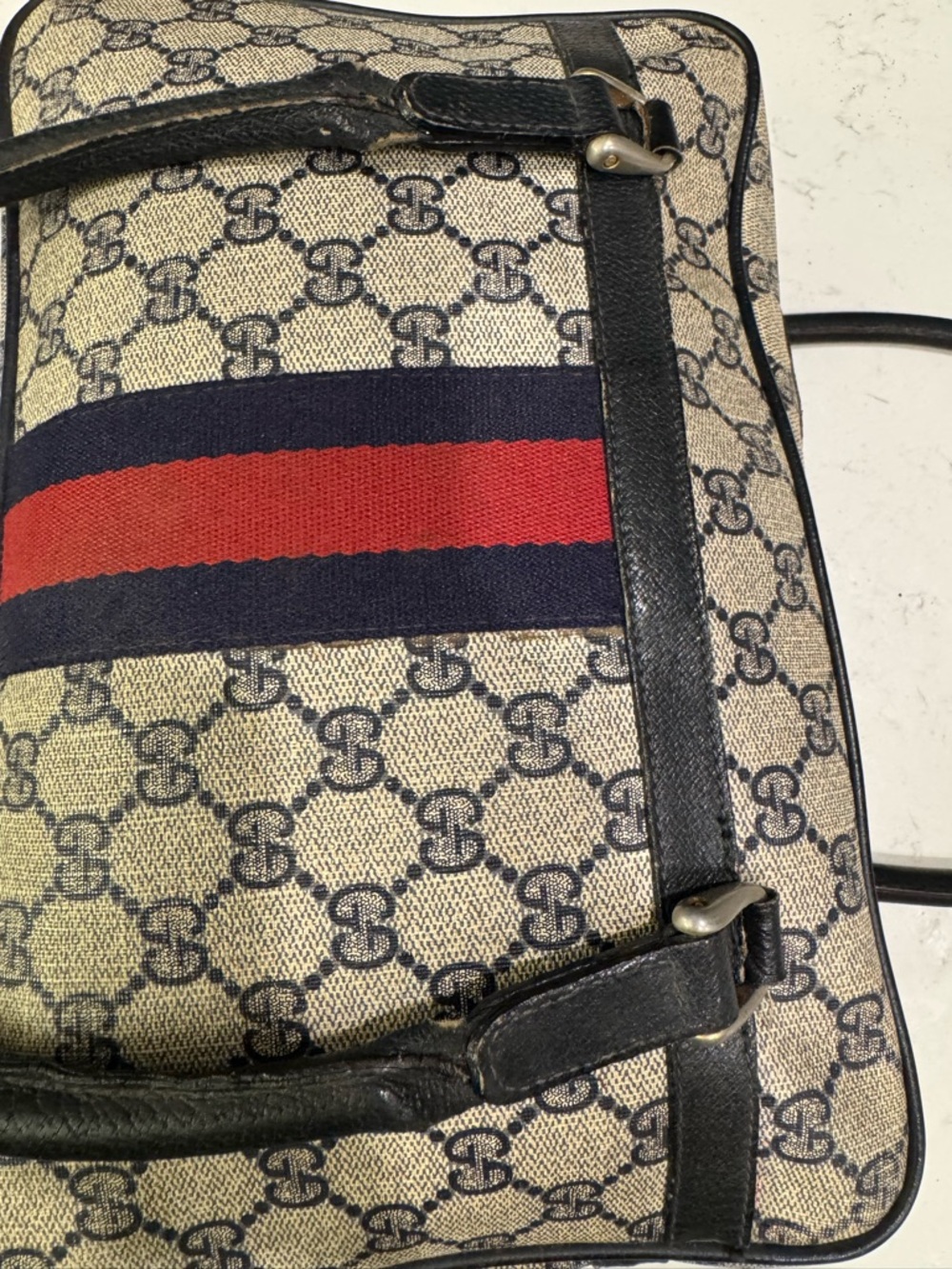 Gucci Beige Monogram Shoulder Bag with Navy and Red Web Stripe - Picture 9 of 11